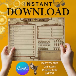 May include: A tan-coloured steampunk-style daily planner, featuring sections for hourly schedules, to-do lists, and trackers for weather, water intake, and mood. The words "INSTANT DOWNLOAD" are at the top.