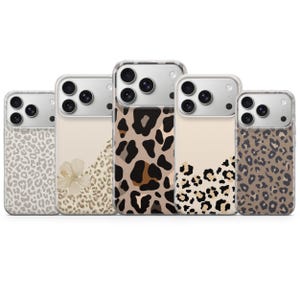 May include: Five phone cases with leopard print patterns in beige, brown, and tan. The cases have clear borders and camera cutouts. The designs vary, with some featuring solid prints and others a mix of patterns.