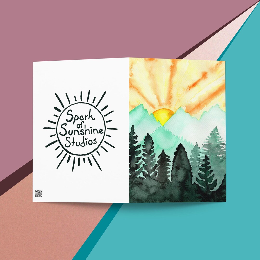 Watercolor Mountain Sunrise Greeting Card - Forest Landscape Art - Etsy
