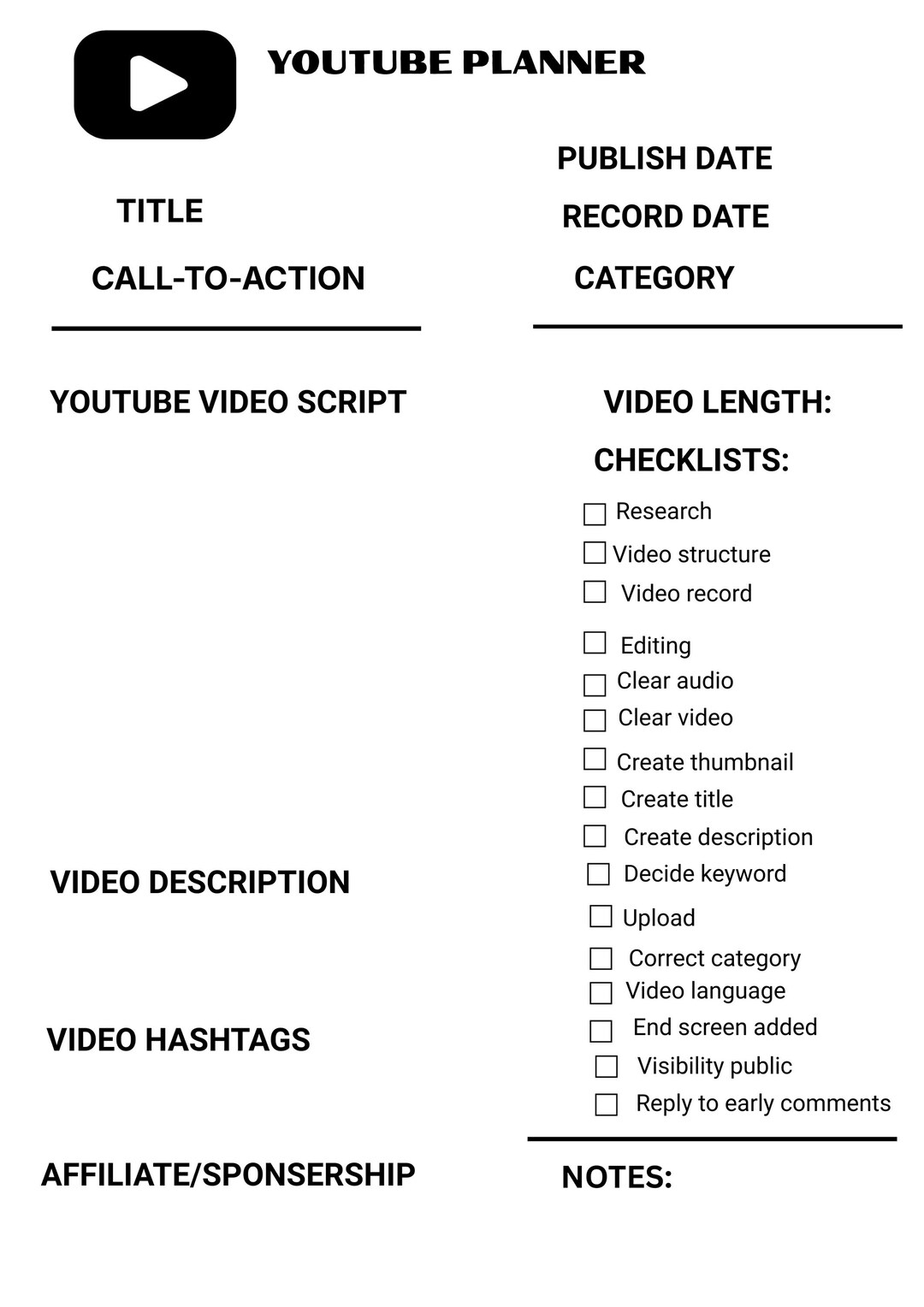 Youtube Content Planner, Video Planner for Youtubers, Content Calendar ...