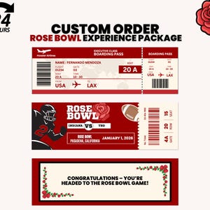 May include: A custom order Rose Bowl Experience Package design. The design includes a boarding pass, a Rose Bowl ticket, and a congratulatory message. The text includes "Rose Bowl", "Indiana vs TBD", and "January 1, 2026".