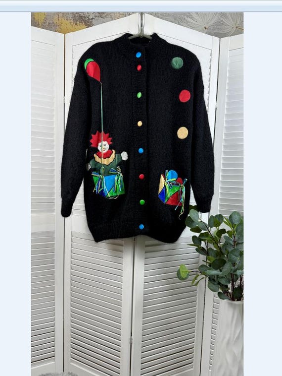 Hamells Vintage Mohair Cardigan Size L Clown Motif Black Novelty Button Knit Sweater