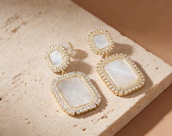 Sterling Silver Rectangular Shape Mother of Pearl Double Dangling Earrings