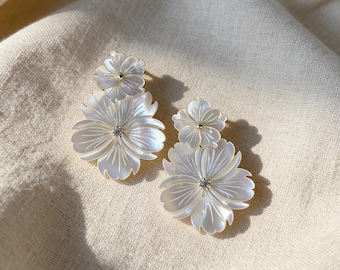 Mother of Pearl Flower Dangle Earrings, 14K Gold Plated Sterling Silver