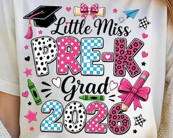 Little Miss Pre-K Grad 2026 PNG, Preschool Graduation Girl PNG, Doodle Bow Pencil Shirt Design, PreK Sublimation PNG, Digital Download