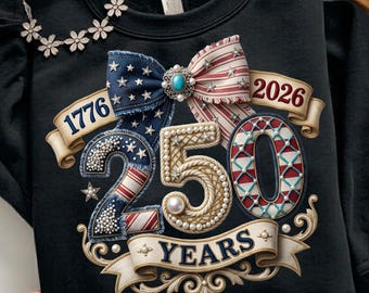 America 250th Anniversary PNG | 1776-2026 Patriotic Luxury Patch| Pearl Denim Bow USA 250 Years Sublimation Design | Semiquincentennial PNG