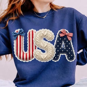 4th of July USA Patchwork PNG, Coquette Patriotic Bow Shirt Design, Lace Letter Vintage American Flag, Preppy Independence Day Sublimation