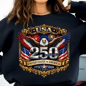 May include: Black sweatshirt featuring a patriotic design. The graphic includes a golden frame with the word "USA" and an eagle with outstretched wings. The number "250" is prominently displayed, along with the text "United States of America" and the years 1776 and 2026.