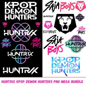 Könnte beinhalten: Eine Sammlung von Grafikdesigns mit den Texten "K-POP DEMON HUNTERS", "SAJA BOYS" und "HUNTRIX" in verschiedenen Schriftarten und Farben, darunter Weiß, Schwarz, Pink und ein Blau-Grün-Verlauf. Die Designs beinhalten Löwen- und geometrische Formen.