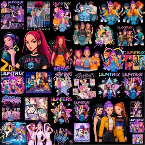 Peut inclure: Une collection d'illustrations numériques de style anime, présentant des personnages aux cheveux colorés et des éléments graphiques. L'œuvre comprend du texte et divers designs, avec un thème lié à la K-pop et à l'univers de l'anime.