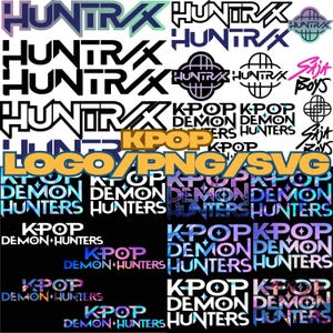 Puede incluir: Una colección de logotipos con los textos "HUNTRX" y "KPOP DEMON HUNTERS" en varios estilos y colores, incluyendo negro, blanco y tonos iridiscentes. La imagen también incluye el texto "LOGO/PNG/SVG".