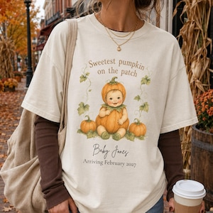 Personalised Pumpkin Pregnancy Announcement Shirt, Custom Baby Name and Due Date, Sweetest Pumpkin, Comfort Colors Fall Tee
