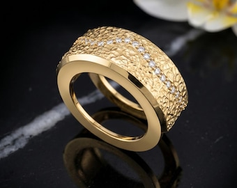 Wavy Diamond Smart Ring Cover, Hammered 14k Yellow Gold Ring Jacket, Curved Moissanite Enhancer Guard for Smart Rings