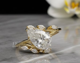 Pear & Marquise Moissanite Ring • 14K Gold Vine Flower Engagement Ring
