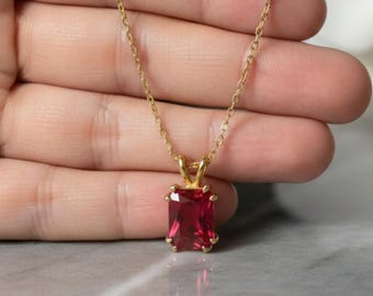 14k Gold Emerald Cut Ruby Pendant Necklace, Dainty Solitaire Choker