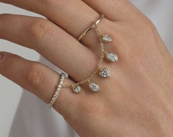 Heart and Oval Moissanite Hand Chain Ring in 10k Gold, Dainty Connector Ring with Dangles, Multi-Finger Drape Chain Ring, Boho Double ring