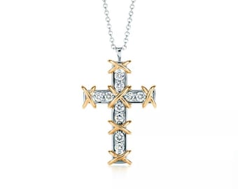 Cross Pendant Necklace in Two-Tone 14k Gold and Silver, Jean Schlumberger Inspired X Cross Necklace, High-End Religious Jewelry Gift for Her