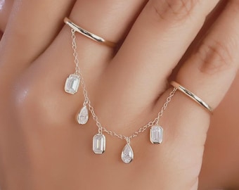 Dainty Moissanite Hand Chain Ring in 10k Gold, Emerald and Pear Cut Charm Connector Ring, Multi-Finger Drape Chain Ring, Boho Double  Ring