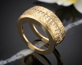 Moissanite Smart Ring Cover Jacket, 14k Yellow Gold Hammered Band, Wide Diamond Enhancer Guard for Smart Rings,Unique Textured Eternity Band