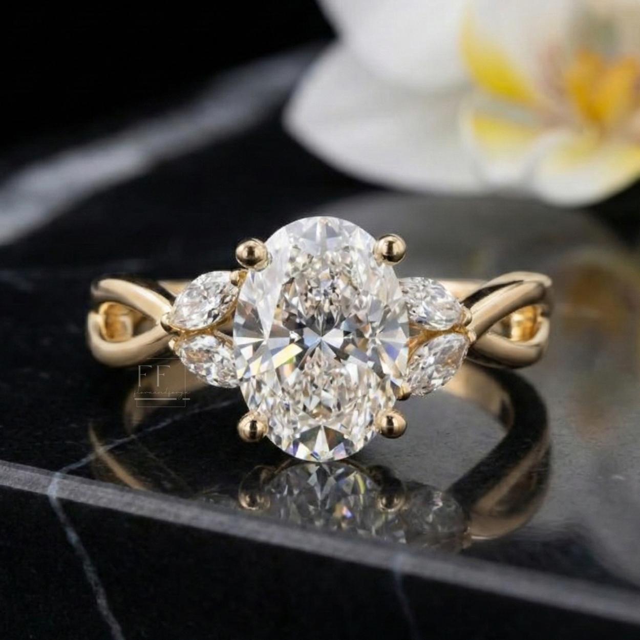 Oval Moissanite Engagement Ring, 14K Yellow Gold Twisted Vine Band - Etsy