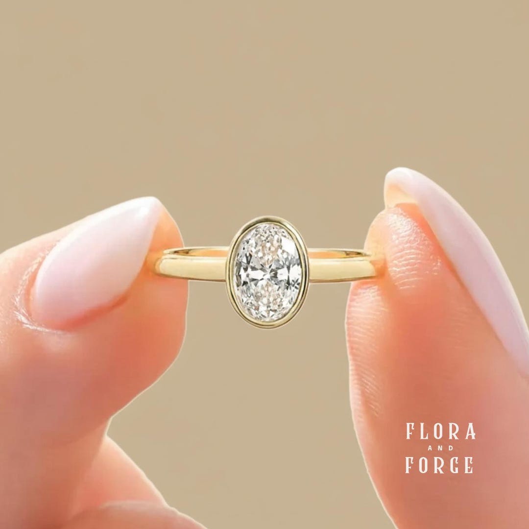 Oval Cut Moissanite Engagement Ring, 14k Solid Gold Bezel Set Solitaire ...