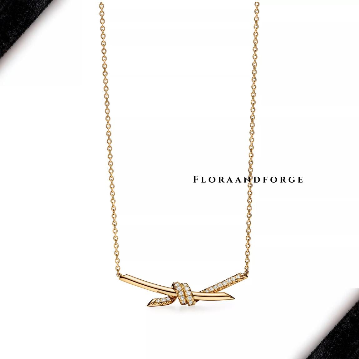 Collar de nudo cultivado en laboratorio en oro de 14 quilates, colgante de nudo entrelazado con detalles de diamantes, elegante collar de pajarita para ella, joyería minimalista con estilo.