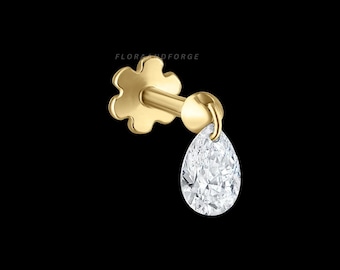 14k Gold Pear Moissanite Dangle Threaded Stud Earring