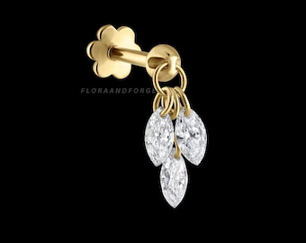 Moissanite Diamond Plume Threaded Earring, 14K Gold Lotus Screw Back