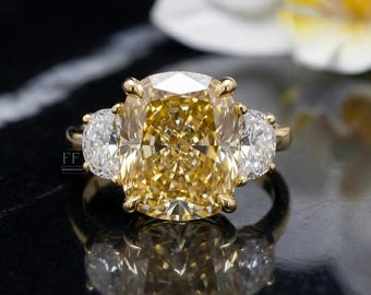 Canary Yellow Moissanite Engagement Ring, Half Moon Side Stones, Yellow Gold