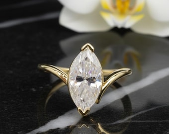 Marquise Cut Moissanite Engagement Ring, 14K Gold V-Prong Solitaire
