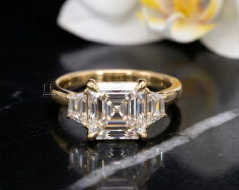 Asscher Cut Moissanite Engagement Ring, Gold Trapezoid 3 Stone Ring
