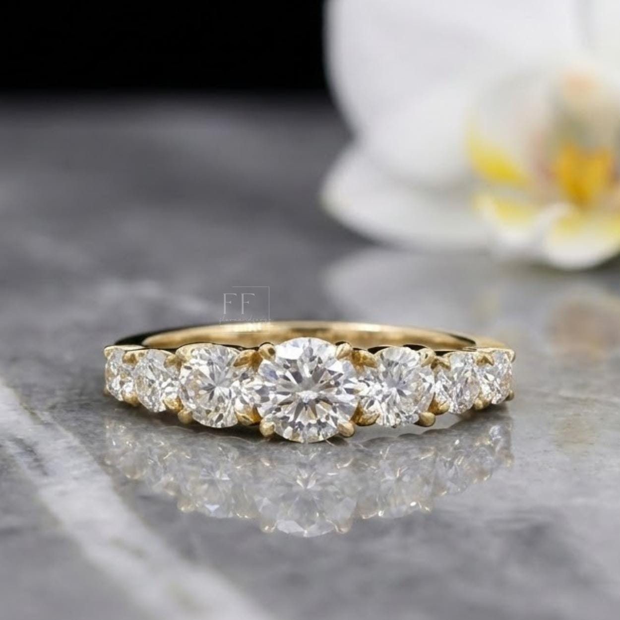 14k Yellow Gold Moissanite Graduated Wedding Band, Half Eternity Anniversary Ring