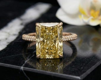 Yellow Radiant Cut Moissanite Engagement Ring, 14k Gold Pavé Band