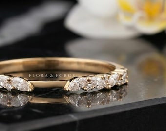 14k Gold Marquise Moissanite Wedding Band, Art Deco Bridal Ring