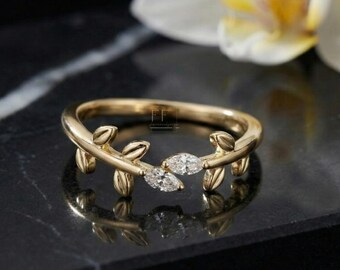 Gold Leaf Moissanite Ring, Marquise Stone, Botanical Vine Band