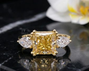 Yellow Moissanite Trilogy Ring, Square Radiant Cut, 14k Gold Promise Ring