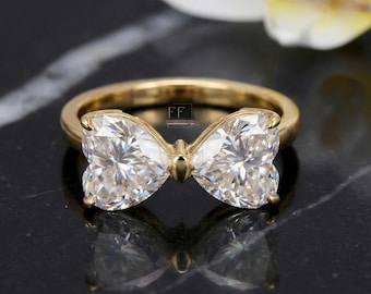 Toi et Moi Heart Moissanite Ring, Gold Bow, Two Stone Promise Ring
