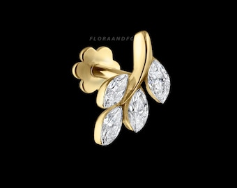 Moissanite Vine Stud Earring, 14K Gold Floral Cartilage Piercing