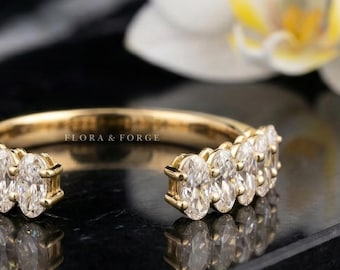 Oval Moissanite Open Cuff Ring, 14k Gold Wedding Band