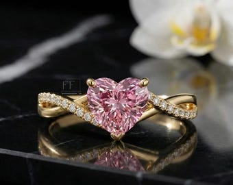 Fancy Pink Moissanite Heart-Shaped Diamond Engagement Ring, 14K White Gold Infinity Pave Band