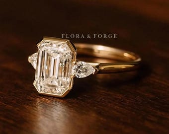 Emerald Cut Moissanite Engagement Ring, 14k Gold Bezel Setting, Pear Accent