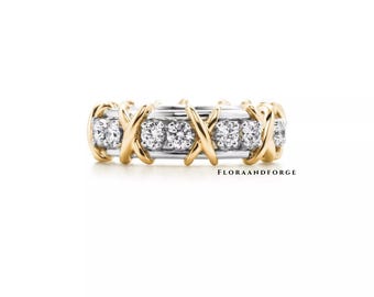 Diamant Sechzehn Stein Eternity Ring, zweifarbiges 14k Gold X Cross Band, Diamant im Rundschliff, Ehering Schlumberger Style Jubiläum