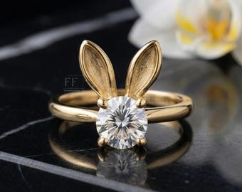 Gold Bunny Moissanite Ring, Rabbit Ears Promise Ring