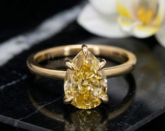 Canary Yellow Pear Moissanite Engagement Ring, 14k Gold Solitaire