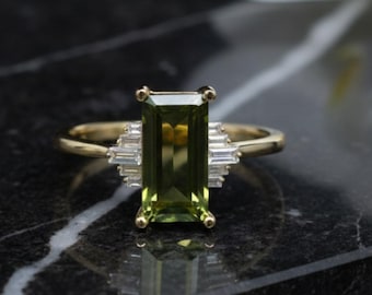 Handmade 14k Yellow Gold Baguette Peridot Ring, Art Deco Style
