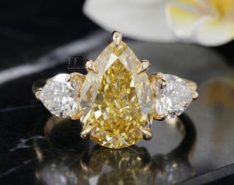 Pear Moissanite Engagement Ring, Canary Yellow, Heart Side Stones, 14k Gold