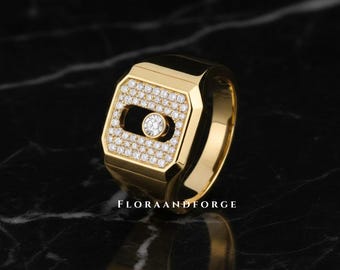 Mens Moving Diamond Signet Ring, 14K Gold Pave Band, Kinetic Jewelry Him