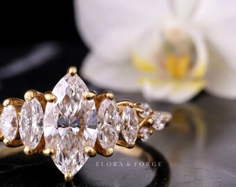 Marquise Cut Moissanite Engagement Ring, 14k Gold Floral Cluster, Art Deco Wedding Ring