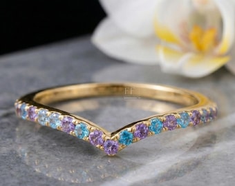 Dainty Amethyst and Aquamarine Birthstone Ring, Sterling Silver