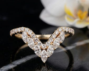 Marquise Moissanite Chevron Ring, 14K Gold V Shaped Wedding Band